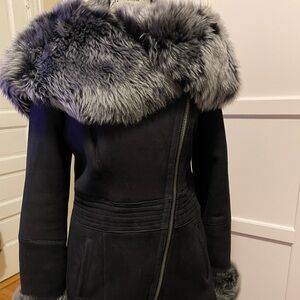 Black Long Haired Tuscana Sheepskin Shearling Leather Coat with Plush Fur. NWOT